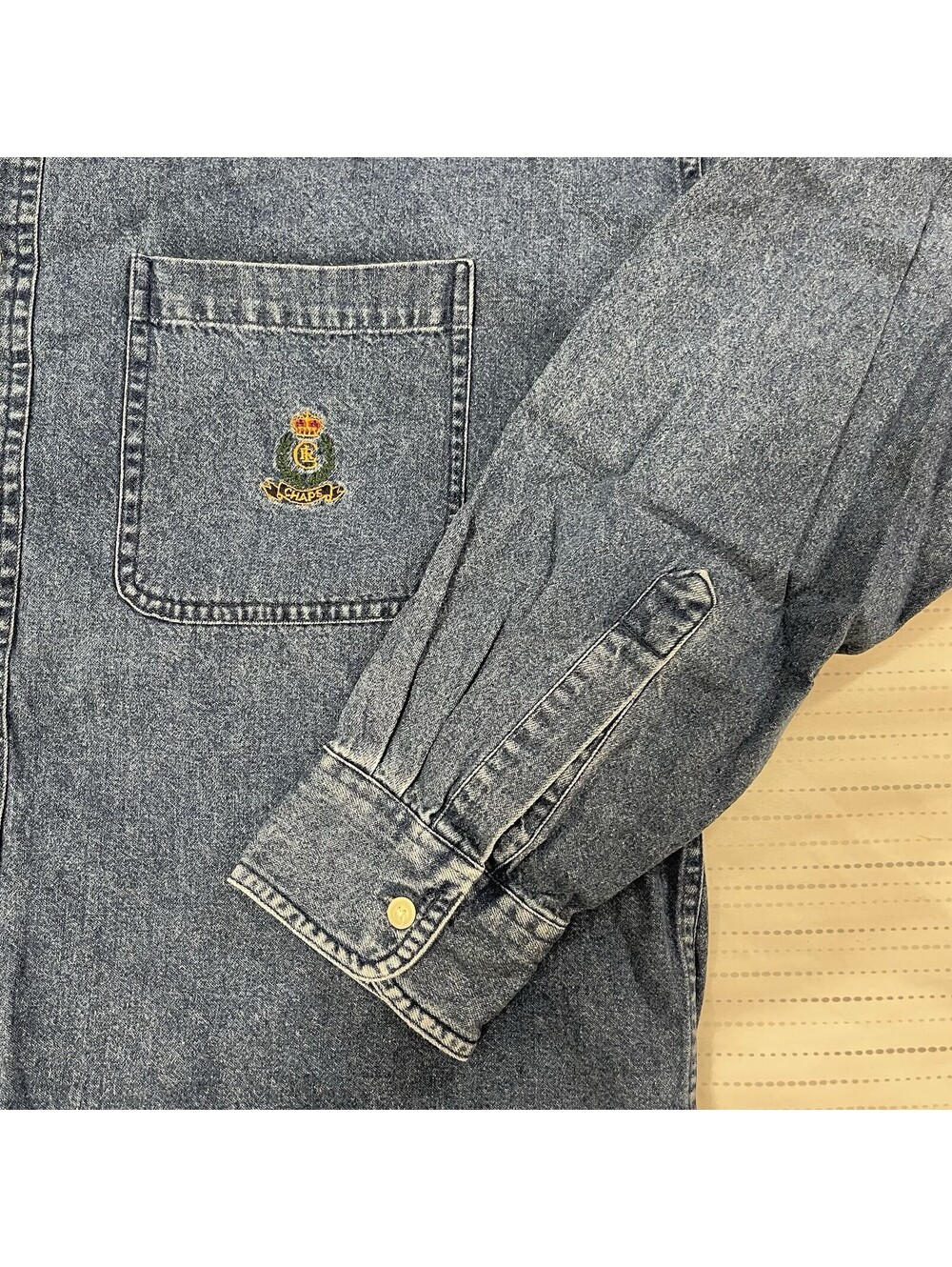 VTG Ralph Lauren Chaps 1990 Blue Cotton Denim Shirt Button Down Men L Stonewash